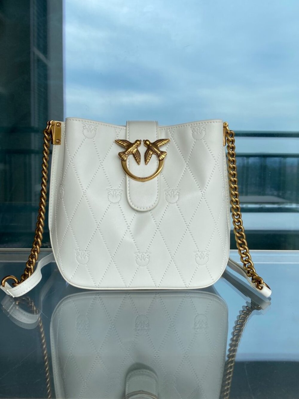 Pinko White Quilted Leather Crossbody with Gold Love Birds Hardware